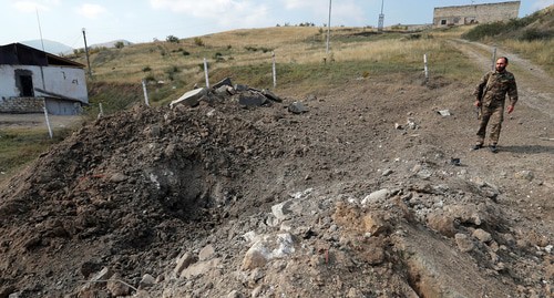 Shell crater in Martakert, October 15, 2020. Photo: REUTERS/Stringer Shell crater in Martakert, October 15, 2020. Photo: REUTERS/Stringer