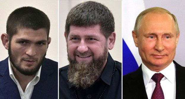 Khabib Nurmagomedov, Ramzan Kadyrov, Vladimir Putin. Photo: REUTERS/Maxim Shemetov; press service of the Russian President kremlin.ru Khabib Nurmagomedov, Ramzan Kadyrov, Vladimir Putin. Photo: REUTERS/Maxim Shemetov; press service of the Russian President kremlin.ru
