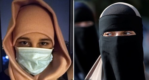 A girl wearing a medical mask / a girl wearing a niqab. Collage by the "Caucasian Knot". Photo by Nina Tumanova / Photo REUTERS, Andrew Kelly A girl wearing a medical mask / a girl wearing a niqab. Collage by the "Caucasian Knot". Photo by Nina Tumanova / Photo REUTERS, Andrew Kelly
