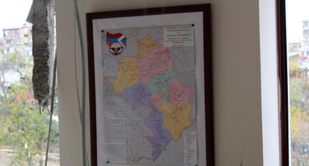 Map of Nagorno-Karabakh territory in a administrative building in Stepanakert destroyed during shelling. Photo by Armine Martirosyan for the Caucasian Knot Map of Nagorno-Karabakh territory in a administrative building in Stepanakert destroyed during shelling. Photo by Armine Martirosyan for the Caucasian Knot