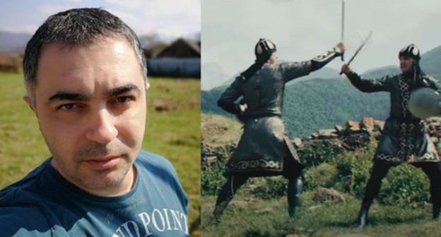 Zaur Farniev, a still picture from Albina and Fati Tsarikayev's video "Alans", which reflects Alanian traditions. Collage made by the Caucasian knot. Photo: Facebook personal account, screenshot https://www.youtube.com/watch?v=Tg4EJgAaMks&feature=emb_logo Zaur Farniev, a still picture from Albina and Fati Tsarikayev's video "Alans", which reflects Alanian traditions. Collage made by the Caucasian knot. Photo: Facebook personal account, screenshot https://www.youtube.com/watch?v=Tg4EJgAaMks&feature=emb_logo