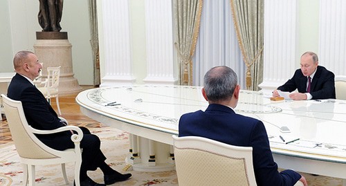 Ilham Aliev (left) and Nikol Pashinyan at the meeting with Vladimir Putin, Moscow, January 11, 2021. Photo: Sputnik/Mikhail Klimentyev/Kremlin via REUTERS Ilham Aliev (left) and Nikol Pashinyan at the meeting with Vladimir Putin, Moscow, January 11, 2021. Photo: Sputnik/Mikhail Klimentyev/Kremlin via REUTERS