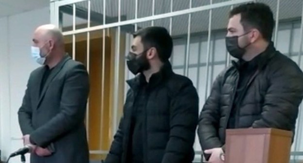 The defendants at the Nalchik City Court hearing. Screenshot of the video courtesy of Alexander Knyazev The defendants at the Nalchik City Court hearing. Screenshot of the video courtesy of Alexander Knyazev