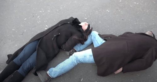 The ending of the performance "Execution of Ceausescu, or Death to Traitors". Screenshot of the video https://youtu.be/tkoZhFbW6O4 The ending of the performance "Execution of Ceausescu, or Death to Traitors". Screenshot of the video https://youtu.be/tkoZhFbW6O4