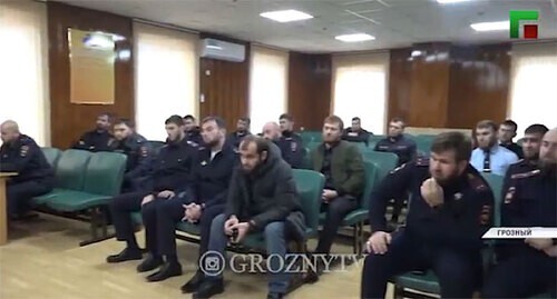 Chechen GIBDD (traffic police) inspectors at the meeting with Chingiz Akhmadov. Screenshot of the video by the "Grozny" TV Channel https://www.instagram.com/p/CMEZg6SBS5p/ Chechen GIBDD (traffic police) inspectors at the meeting with Chingiz Akhmadov. Screenshot of the video by the "Grozny" TV Channel https://www.instagram.com/p/CMEZg6SBS5p/