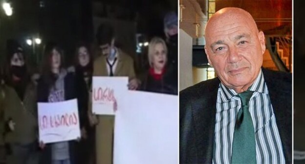 Vladimir Pozner; protest action in Tbilisi against Mr Pozner's arrival in Georgia. Photo collage prepared by the Caucasian Knot Vladimir Pozner; protest action in Tbilisi against Mr Pozner's arrival in Georgia. Photo collage prepared by the Caucasian Knot