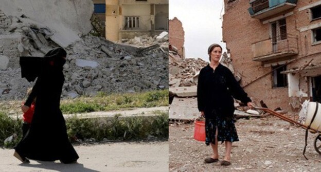 Aftermath of military conflicts in Syria (left) and Chechnya. Photo collage made by the Caucasian Knot. Photo: REUTERS/Khalil Ashawi, REUTERS/Stringer Aftermath of military conflicts in Syria (left) and Chechnya. Photo collage made by the Caucasian Knot. Photo: REUTERS/Khalil Ashawi, REUTERS/Stringer