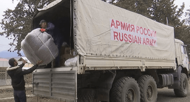 A truck with humanitarian aid. Photo: press service of the Ministry of Defence of Russia A truck with humanitarian aid. Photo: press service of the Ministry of Defence of Russia