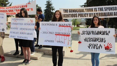 Participants of the action held on the occasion of the massacre in Maraga. April 10, 2021. Photo by Alvard Grigoryan for the "Caucasian Knot" Participants of the action held on the occasion of the massacre in Maraga. April 10, 2021. Photo by Alvard Grigoryan for the "Caucasian Knot"