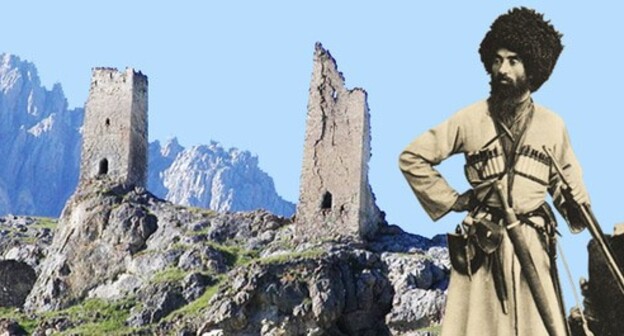 An Ossetian in North Caucasus in the 18th-century dress, Ramonov Vano (19th century). The Tsagaraev and Gabis towers. The village of Tsymyti, town of Khalgon, Kurtatinsky gorge, North Ossetia. Collage by the "Caucasian Knot". Photo: Ahsartag, public domain https://ru.wikipedia.org/ An Ossetian in North Caucasus in the 18th-century dress, Ramonov Vano (19th century). The Tsagaraev and Gabis towers. The village of Tsymyti, town of Khalgon, Kurtatinsky gorge, North Ossetia. Collage by the "Caucasian Knot". Photo: Ahsartag, public domain https://ru.wikipedia.org/