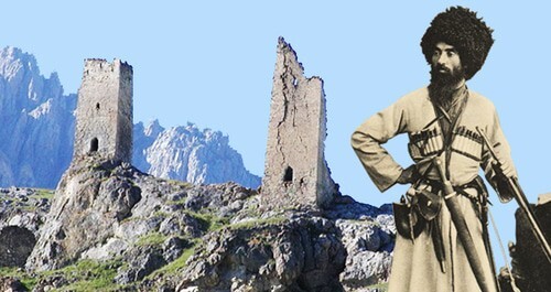 An Ossetian in North Caucasus in the 18th-century dress, Ramonov Vano (19th century). The Tsagaraev and Gabis towers. The village of Tsymyti, town of Khalgon, Kurtatinsky gorge, North Ossetia. Collage by the "Caucasian Knot". Photo: Ahsartag, public domain https://ru.wikipedia.org/ An Ossetian in North Caucasus in the 18th-century dress, Ramonov Vano (19th century). The Tsagaraev and Gabis towers. The village of Tsymyti, town of Khalgon, Kurtatinsky gorge, North Ossetia. Collage by the "Caucasian Knot". Photo: Ahsartag, public domain https://ru.wikipedia.org/