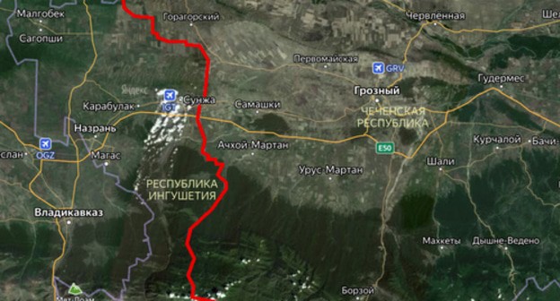 Ingushetia-Chechnya border. Photo: Yandex map, collage made by the Caucasian Knot Ingushetia-Chechnya border. Photo: Yandex map, collage made by the Caucasian Knot