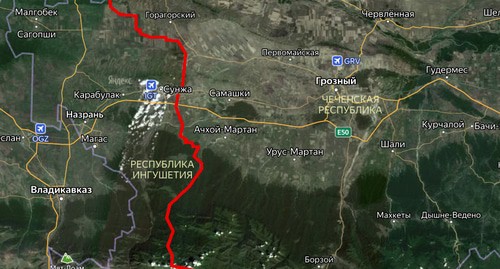 Ingushetia-Chechnya border. Photo: Yandex map, collage made by the Caucasian Knot Ingushetia-Chechnya border. Photo: Yandex map, collage made by the Caucasian Knot