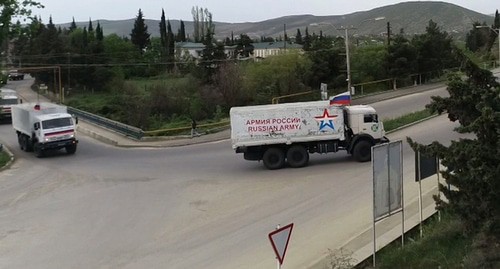 A humanitarian convoy in Nagorno-Karabakh. Photo by the press service of the Russian Ministry of Defence http://mil.ru/ A humanitarian convoy in Nagorno-Karabakh. Photo by the press service of the Russian Ministry of Defence http://mil.ru/