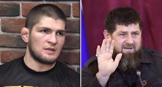 Khabib Nurmagomedov, Ramzan Kadyrov. Photos: Time for Sport - https://www.youtube.com/watch?v=HWyclHTd89o; Grozny Inform news agency https://www.youtube.com/watch?v=fYnVDSqgwDA Collage by the "Caucasian Knot" Khabib Nurmagomedov, Ramzan Kadyrov. Photos: Time for Sport - https://www.youtube.com/watch?v=HWyclHTd89o; Grozny Inform news agency https://www.youtube.com/watch?v=fYnVDSqgwDA Collage by the "Caucasian Knot"