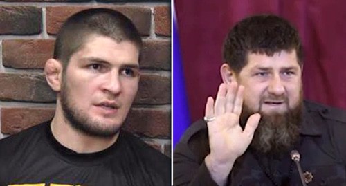 Khabib Nurmagomedov, Ramzan Kadyrov. Photos: Time for Sport - https://www.youtube.com/watch?v=HWyclHTd89o; Grozny Inform news agency https://www.youtube.com/watch?v=fYnVDSqgwDA Collage by the "Caucasian Knot" Khabib Nurmagomedov, Ramzan Kadyrov. Photos: Time for Sport - https://www.youtube.com/watch?v=HWyclHTd89o; Grozny Inform news agency https://www.youtube.com/watch?v=fYnVDSqgwDA Collage by the "Caucasian Knot"