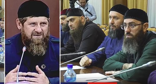 Law enforcers at a meeting at the anti-virus headquarters, May 25, 2021. Ramzan Kadyrov, screenshot from video posted by the press service of the head of Chechnya Law enforcers at a meeting at the anti-virus headquarters, May 25, 2021. Ramzan Kadyrov, screenshot from video posted by the press service of the head of Chechnya