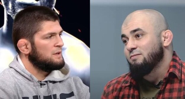 Khabib Nurmagomedov (on the left) and Aslanbek Badaev, the vice-president of the Absolute Championship Akhmat League. Screenshot of the videos https://youtu.be/V34FJfn51CM https://www.youtube.com/watch?v=kbBsbmvvB2Q Khabib Nurmagomedov (on the left) and Aslanbek Badaev, the vice-president of the Absolute Championship Akhmat League. Screenshot of the videos https://youtu.be/V34FJfn51CM https://www.youtube.com/watch?v=kbBsbmvvB2Q