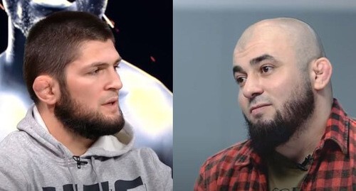 Khabib Nurmagomedov (on the left) and Aslanbek Badaev, the vice-president of the Absolute Championship Akhmat League. Screenshot of the videos https://youtu.be/V34FJfn51CM https://www.youtube.com/watch?v=kbBsbmvvB2Q Khabib Nurmagomedov (on the left) and Aslanbek Badaev, the vice-president of the Absolute Championship Akhmat League. Screenshot of the videos https://youtu.be/V34FJfn51CM https://www.youtube.com/watch?v=kbBsbmvvB2Q