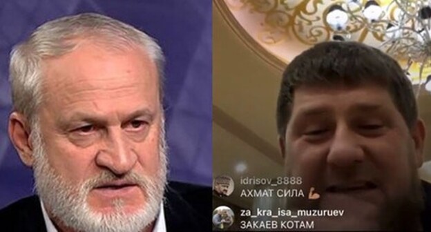 Akhmed Zakaev (on the left) and Ramzan Kadyrov. Collage by the "Caucasian Knot". Screenshots: https://www.instagram.com/tv/CUIt8KHKCMQ/ "Nastoyaschee vremya" (Current Time) https://www.youtube.com/watch?v=qNbQTEQ4mqs Akhmed Zakaev (on the left) and Ramzan Kadyrov. Collage by the "Caucasian Knot". Screenshots: https://www.instagram.com/tv/CUIt8KHKCMQ/ "Nastoyaschee vremya" (Current Time) https://www.youtube.com/watch?v=qNbQTEQ4mqs