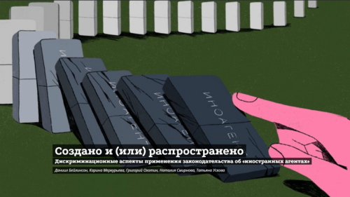 Screenshot from the website "OVD-Info", where the report "Created and (or) Distributed: Discriminatory Aspects of the Application of the Law on Foreign Agents" has been published Screenshot from the website "OVD-Info", where the report "Created and (or) Distributed: Discriminatory Aspects of the Application of the Law on Foreign Agents" has been published