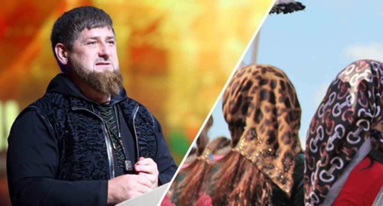 Ramzan Kadyrov; women wearing headscarves. Photo: Musa Sadulaev, "Grozny Inform" news agency; Magomed Magomedov for the "Caucasian Knot" Ramzan Kadyrov; women wearing headscarves. Photo: Musa Sadulaev, "Grozny Inform" news agency; Magomed Magomedov for the "Caucasian Knot"