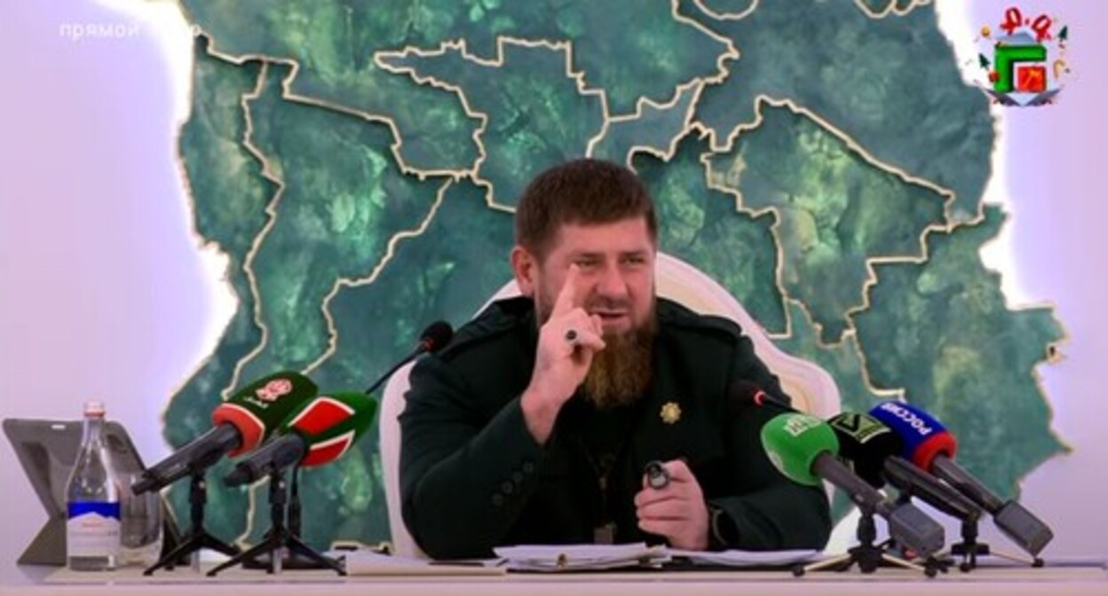 Ramzan Kadyrov at a press conference in Grozny on December 26, 2021. Screenshot of the video posted at the YouTube channel of the "Grozny" TV channel https://www.youtube.com/watch?v=fKDFXscmVcw Ramzan Kadyrov at a press conference in Grozny on December 26, 2021. Screenshot of the video posted at the YouTube channel of the "Grozny" TV channel https://www.youtube.com/watch?v=fKDFXscmVcw