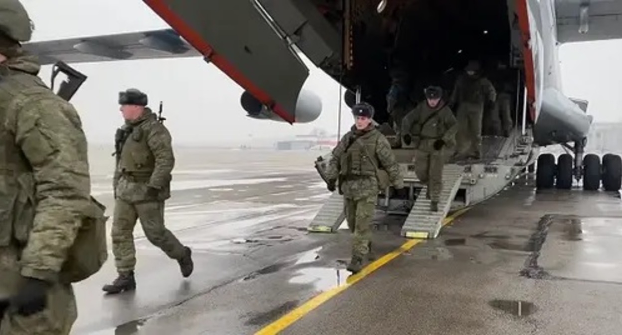 Russian military arrive in Kazakhstan as part of the CSTO peacekeeping contingent. Screenshot of video posted by the Ministry of Defence of Russia, www.youtube.com/watch?v=xLhbVuWOSNA Russian military arrive in Kazakhstan as part of the CSTO peacekeeping contingent. Screenshot of video posted by the Ministry of Defence of Russia, www.youtube.com/watch?v=xLhbVuWOSNA
