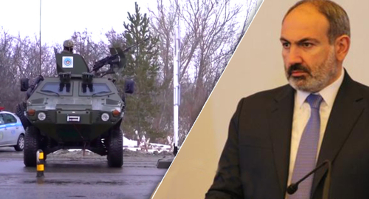 Military vehicles of the Collective Security Treaty Organization in Kazakhstan; Nikol Pashinyan. Screenshot of the video by the "Public TV" https://www.youtube.com/watch?v=JRrZU0m8nhw ; photo by Tigran Petrosyan. Collage by the "Caucasian Knot" Military vehicles of the Collective Security Treaty Organization in Kazakhstan; Nikol Pashinyan. Screenshot of the video by the "Public TV" https://www.youtube.com/watch?v=JRrZU0m8nhw ; photo by Tigran Petrosyan. Collage by the "Caucasian Knot"