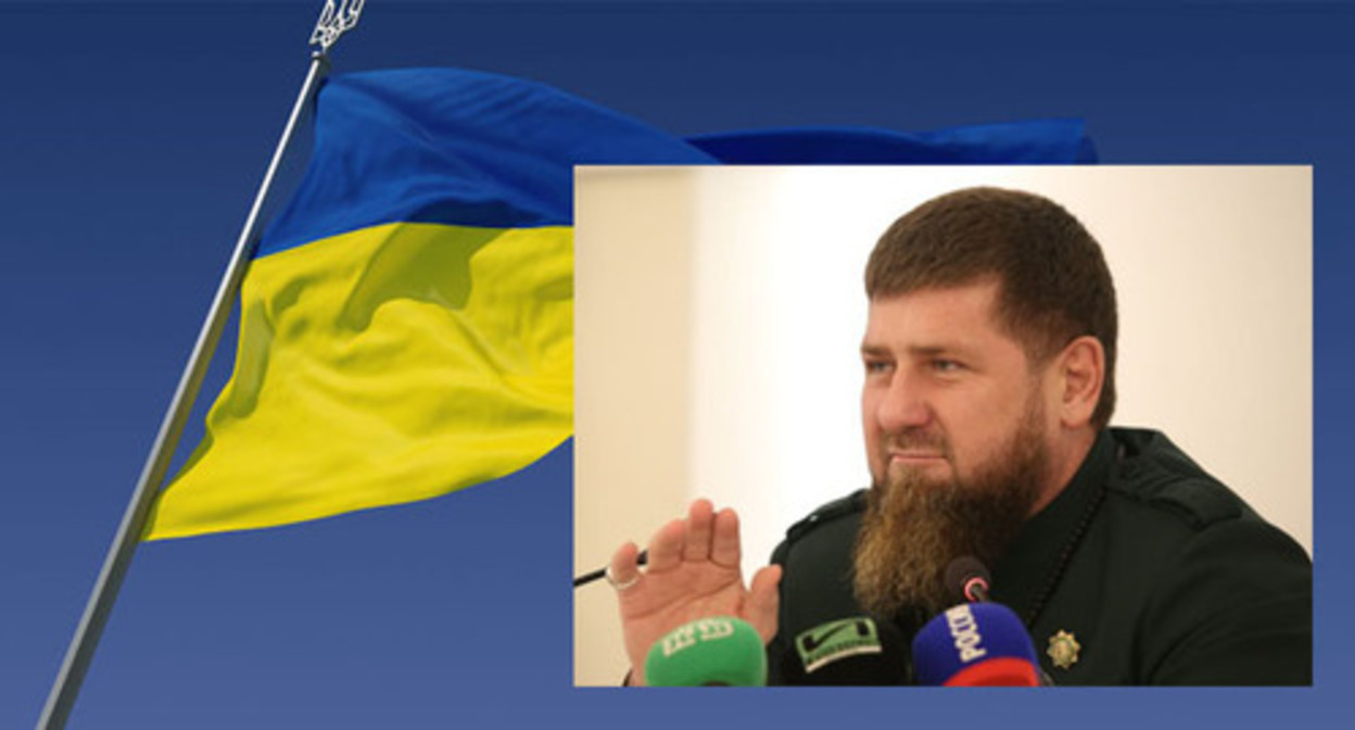 Ramzan Kadyrov; the flag of Ukraine. Collage by the "Caucasian Knot". Photo: "Grozny Inform" news agency; https://ru.wikipedia.org/wiki/Украина Ramzan Kadyrov; the flag of Ukraine. Collage by the "Caucasian Knot". Photo: "Grozny Inform" news agency; https://ru.wikipedia.org/wiki/Украина