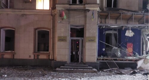 A damaged building of the honorary consulate of Azerbaijan in Kharkov. Photo by the press service of the Azerbaijani Ministry of Foreign Affairs https://mfa.gov.az/az/news/no08722 A damaged building of the honorary consulate of Azerbaijan in Kharkov. Photo by the press service of the Azerbaijani Ministry of Foreign Affairs https://mfa.gov.az/az/news/no08722