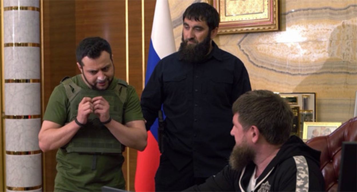 A video clip with Kadyrov and an actor performing Zelensky. Screenshot: https://t.me/RKadyrov_95/2515 A video clip with Kadyrov and an actor performing Zelensky. Screenshot: https://t.me/RKadyrov_95/2515