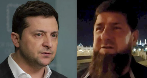 Vladimir Zelensky (on the left) and Ramzan Kadyrov during a video appeal. Screenshot of the video by Kadyrov_95 Photo: CC BY-SA 4.0 / the Office of the President of Ukraine Vladimir Zelensky (on the left) and Ramzan Kadyrov during a video appeal. Screenshot of the video by Kadyrov_95 Photo: CC BY-SA 4.0 / the Office of the President of Ukraine
