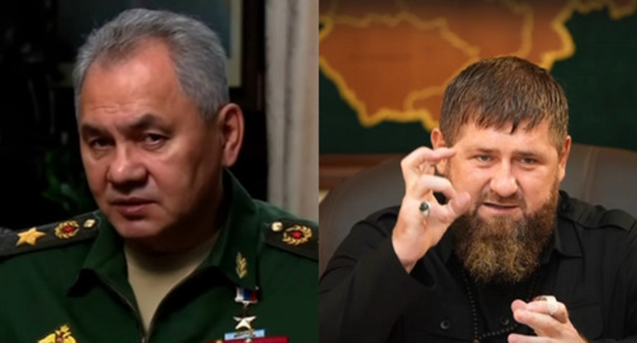 Sergey Shoigu. Screenshot of the video appeal posted on September 21, 2022 on the "Realnoe Vremya" (Real Time) YouTube channel / Ramzan Kadyrov, screenshot of the video posted on his page on the VK on October 3, 2022. Collage by the "Caucasian Knot" Sergey Shoigu. Screenshot of the video appeal posted on September 21, 2022 on the "Realnoe Vremya" (Real Time) YouTube channel / Ramzan Kadyrov, screenshot of the video posted on his page on the VK on October 3, 2022. Collage by the "Caucasian Knot"