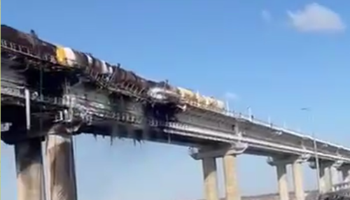 The consequences of the truck explosion on the Crimean Bridge. Screenshot of the video posted on the Telegram channel Mash, https://t.me/breakingmash/38826 The consequences of the truck explosion on the Crimean Bridge. Screenshot of the video posted on the Telegram channel Mash, https://t.me/breakingmash/38826