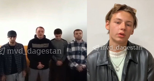 Screenshot of a video with an apology from a foreman of a film crew and extra actors for their trifling video message on behalf of armed members of rural jamaat. Collage by the "Caucasian Knot". Screenshots of the videos https://t.me/mvd_dagestan/2211, https://t.me/mvd_dagestan/2212 Screenshot of a video with an apology from a foreman of a film crew and extra actors for their trifling video message on behalf of armed members of rural jamaat. Collage by the "Caucasian Knot". Screenshots of the videos https://t.me/mvd_dagestan/2211, https://t.me/mvd_dagestan/2212