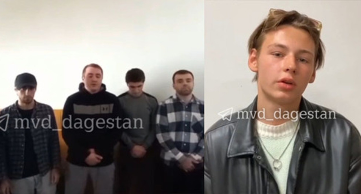 Screenshot of a video with an apology from a foreman of a film crew and extra actors for their trifling video message on behalf of armed members of rural jamaat. Collage by the "Caucasian Knot". Screenshots of the videos https://t.me/mvd_dagestan/2211, https://t.me/mvd_dagestan/2212 Screenshot of a video with an apology from a foreman of a film crew and extra actors for their trifling video message on behalf of armed members of rural jamaat. Collage by the "Caucasian Knot". Screenshots of the videos https://t.me/mvd_dagestan/2211, https://t.me/mvd_dagestan/2212