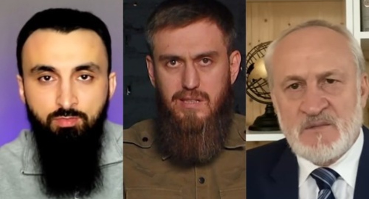Tumso Abdurakhmanov, Chingiz Akhmadov, and Akhmed Zakaev. Screenshots of the videos posted on Akhmadov's Telegram channel and on the YouTube channels of Abdurakhmanov and Zakaev Tumso Abdurakhmanov, Chingiz Akhmadov, and Akhmed Zakaev. Screenshots of the videos posted on Akhmadov's Telegram channel and on the YouTube channels of Abdurakhmanov and Zakaev