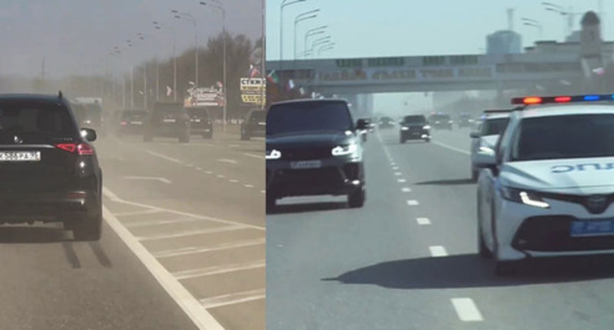 The wedding motor column of Akhmat Kadyrov, a son of the head of Chechnya. Collage by the "Caucasian Knot." Screenshot of the video t.me/sotaproject/54910 The wedding motor column of Akhmat Kadyrov, a son of the head of Chechnya. Collage by the "Caucasian Knot." Screenshot of the video t.me/sotaproject/54910