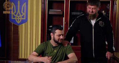 Max KomikadZe, a blogger (on the left), and Ramzan Kadyrov. Screenshot of a parody video clip about Ukrainian President Vladimir Zelensky, posted on the Telegram channel Kadyrov_95 Max KomikadZe, a blogger (on the left), and Ramzan Kadyrov. Screenshot of a parody video clip about Ukrainian President Vladimir Zelensky, posted on the Telegram channel Kadyrov_95