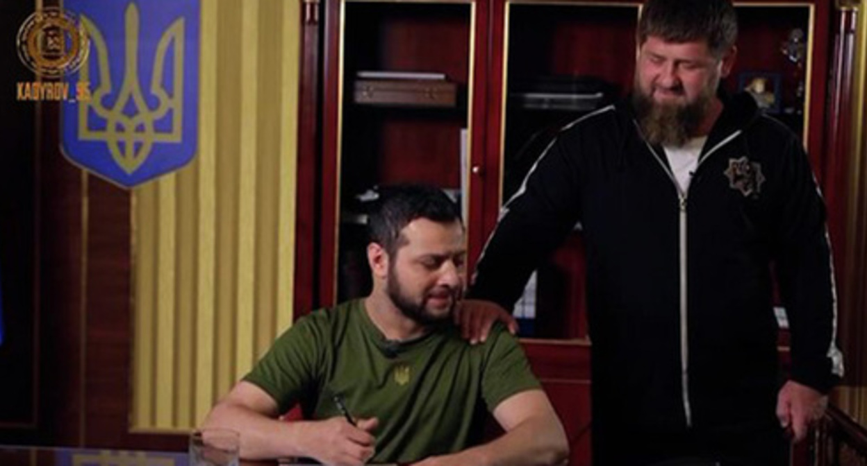 Max KomikadZe, a blogger (on the left), and Ramzan Kadyrov. Screenshot of a parody video clip about Ukrainian President Vladimir Zelensky, posted on the Telegram channel Kadyrov_95 Max KomikadZe, a blogger (on the left), and Ramzan Kadyrov. Screenshot of a parody video clip about Ukrainian President Vladimir Zelensky, posted on the Telegram channel Kadyrov_95