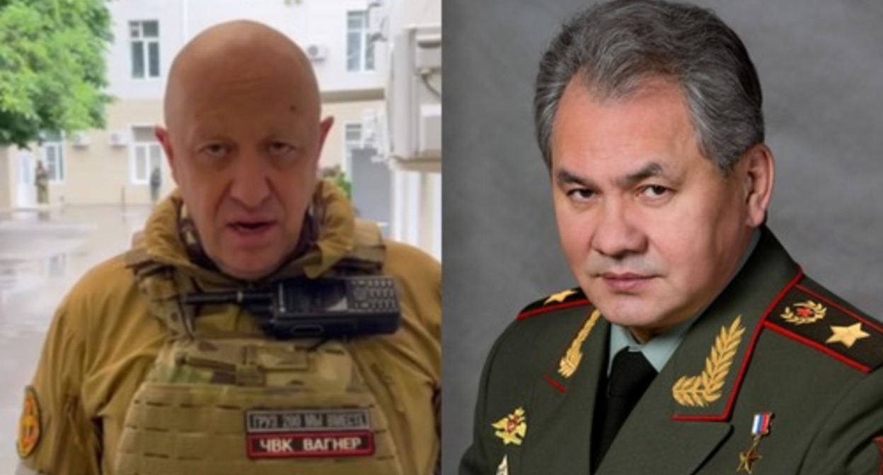 Prigozhin and Shoigu. Collage by the "Caucasian Knot." Screenshot of the photo https://мультимедиа.минобороны.рф/multimedia/photo/gallery.htm?id=18341@cmsPhotoGallery and still of the video https://t.me/Prigozhin_hat/3811 Prigozhin and Shoigu. Collage by the "Caucasian Knot." Screenshot of the photo https://мультимедиа.минобороны.рф/multimedia/photo/gallery.htm?id=18341@cmsPhotoGallery and still of the video https://t.me/Prigozhin_hat/3811