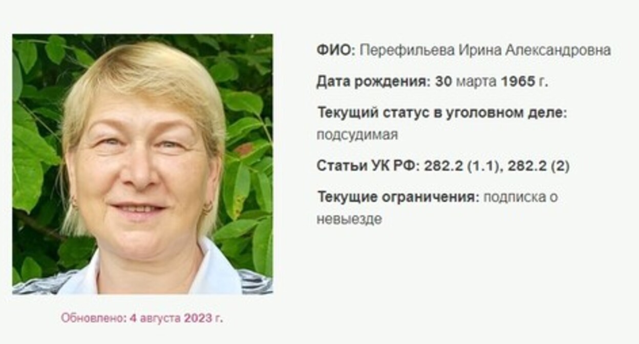 Irina Perefilyeva. Screenshot of the page from the website containing information about criminal cases against Russian Jehovah's Witnesses* Irina Perefilyeva. Screenshot of the page from the website containing information about criminal cases against Russian Jehovah's Witnesses*