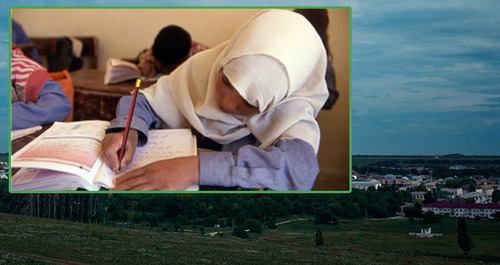 A schoolgirl wearing hijab, the village of Zalukokoazhe in the KBR's Zolsky District. Collage by the "Caucasian Knot." Photos: BR-chik. https://ru.wikipedia.org http://www.ansar.ru/rfsng/2012/10/20/34473 A schoolgirl wearing hijab, the village of Zalukokoazhe in the KBR's Zolsky District. Collage by the "Caucasian Knot." Photos: BR-chik. https://ru.wikipedia.org http://www.ansar.ru/rfsng/2012/10/20/34473