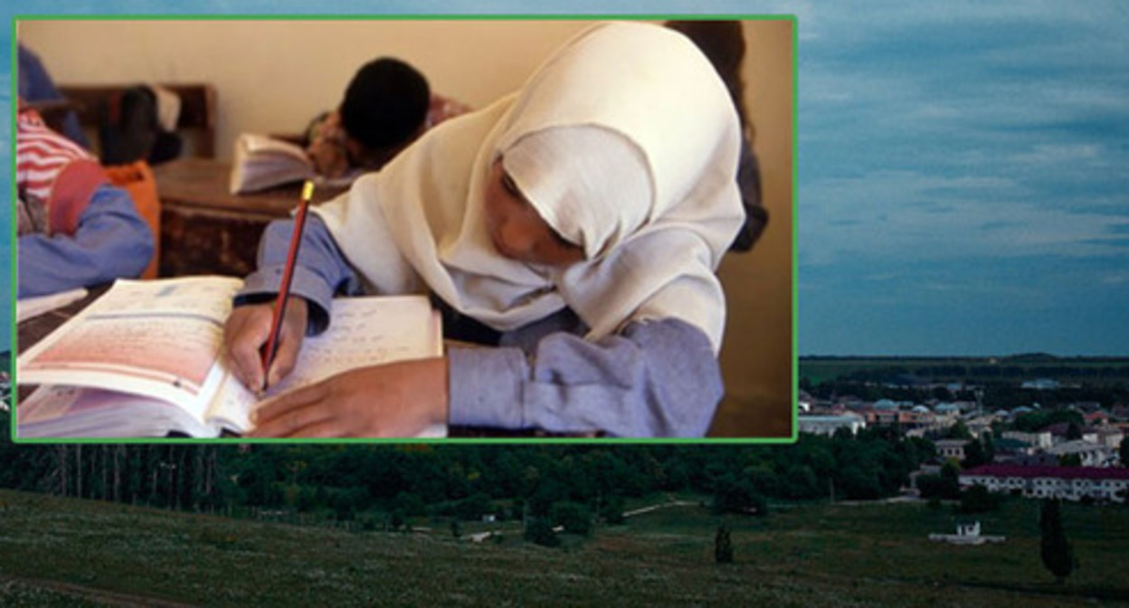 A schoolgirl wearing hijab, the village of Zalukokoazhe in the KBR's Zolsky District. Collage by the "Caucasian Knot." Photos: BR-chik. https://ru.wikipedia.org http://www.ansar.ru/rfsng/2012/10/20/34473 A schoolgirl wearing hijab, the village of Zalukokoazhe in the KBR's Zolsky District. Collage by the "Caucasian Knot." Photos: BR-chik. https://ru.wikipedia.org http://www.ansar.ru/rfsng/2012/10/20/34473