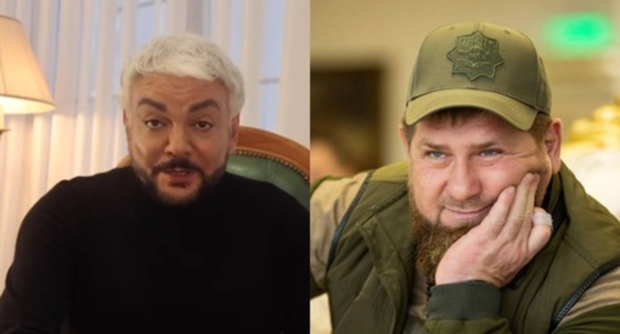 Philip Kirkorov and Ramzan Kadyrov. Screenshot of the video from Kirkorov's page on the VKontakte social network https://vk.com/video273251945_456239662; screenshot of the photo from Kadyrov's Telegram channel https://t.me/RKadyrov_95/3322 Philip Kirkorov and Ramzan Kadyrov. Screenshot of the video from Kirkorov's page on the VKontakte social network https://vk.com/video273251945_456239662; screenshot of the photo from Kadyrov's Telegram channel https://t.me/RKadyrov_95/3322