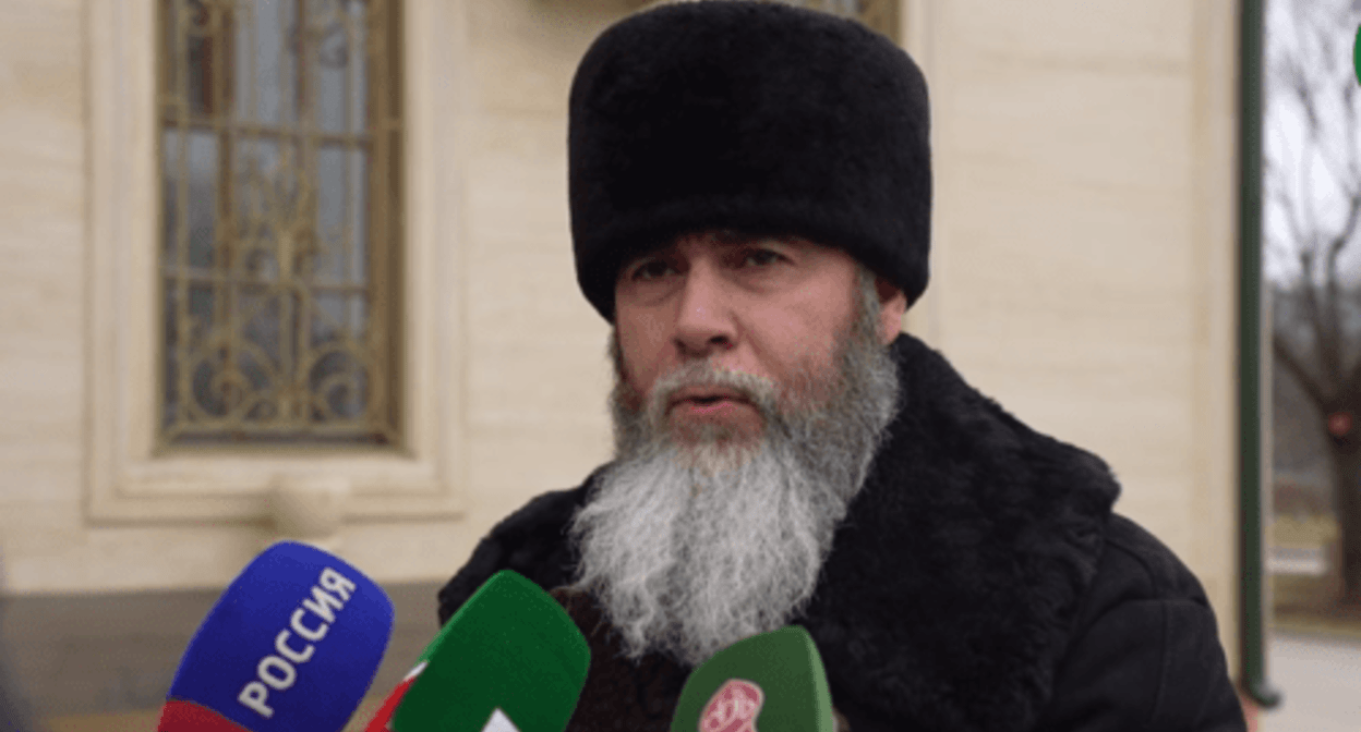 Salakh Mezhiev. Screenshot of a video posted on the Telegram channel of the Spiritual Administration of Muslims (SAM) of Chechnya on February 15, 2024 https://t.me/dumchr/4804 Salakh Mezhiev. Screenshot of a video posted on the Telegram channel of the Spiritual Administration of Muslims (SAM) of Chechnya on February 15, 2024 https://t.me/dumchr/4804