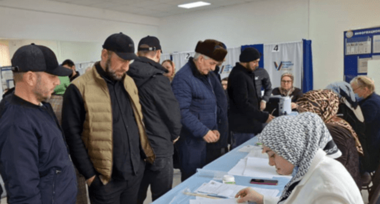 A polling station in Chechnya. Screenshot of the photo posted on the Telegram channel of the election commission in Chechnya on March 16, 2024 https://t.me/ikchr95/2730 A polling station in Chechnya. Screenshot of the photo posted on the Telegram channel of the election commission in Chechnya on March 16, 2024 https://t.me/ikchr95/2730