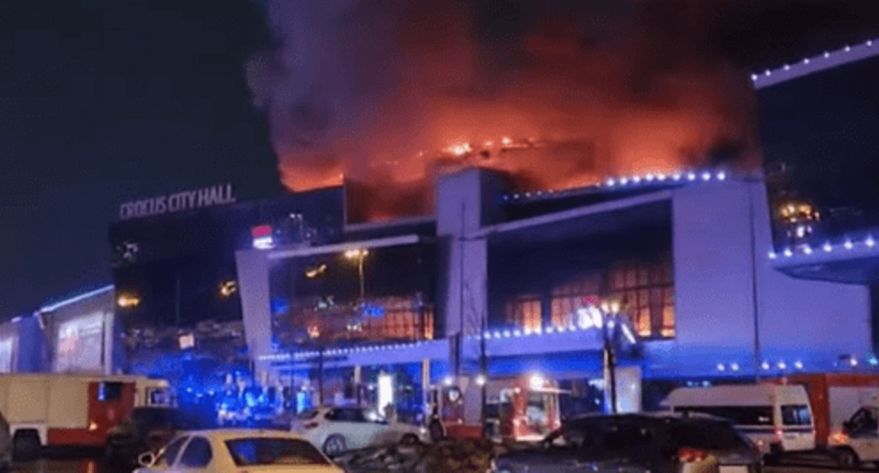 Fire at the Crocus City Hall after the terror act. Screenshot of a news report by the RTVI www.youtube.com/watch?v=b9SXUpgUNP4 Fire at the Crocus City Hall after the terror act. Screenshot of a news report by the RTVI www.youtube.com/watch?v=b9SXUpgUNP4
