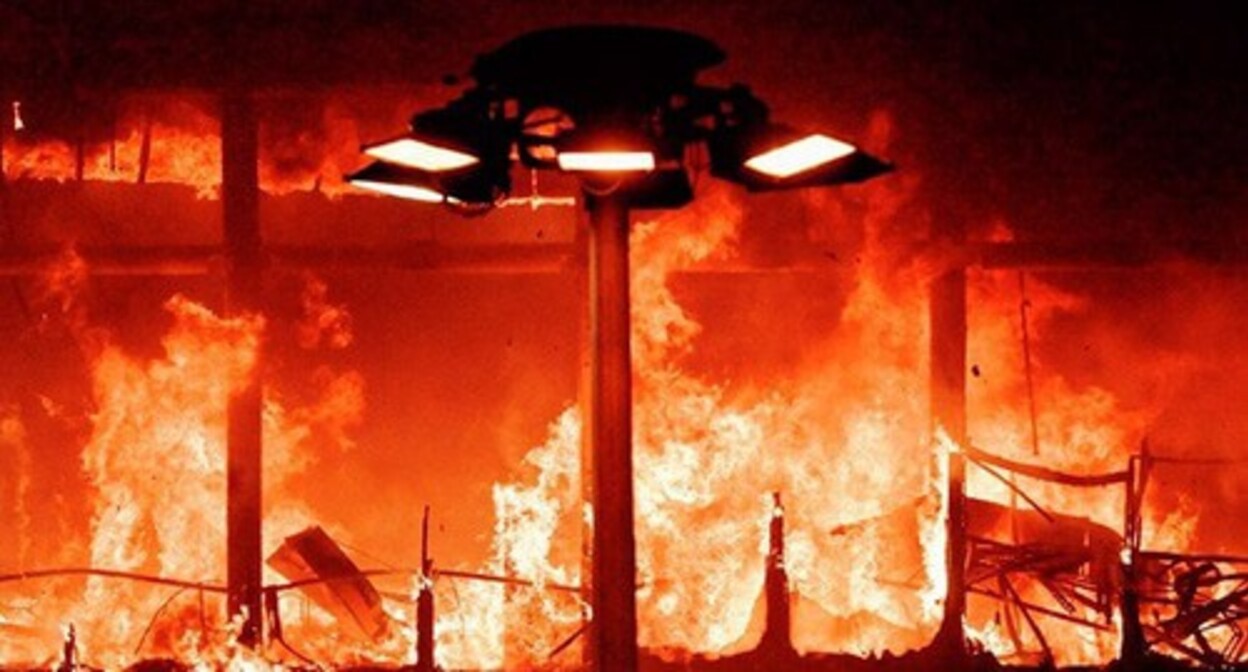 Fire at the Crocus City Hall after the terror act. Screenshot of a video https://www.youtube.com/watch?v=YFjF48-NH_o&rco=1 Fire at the Crocus City Hall after the terror act. Screenshot of a video https://www.youtube.com/watch?v=YFjF48-NH_o&rco=1